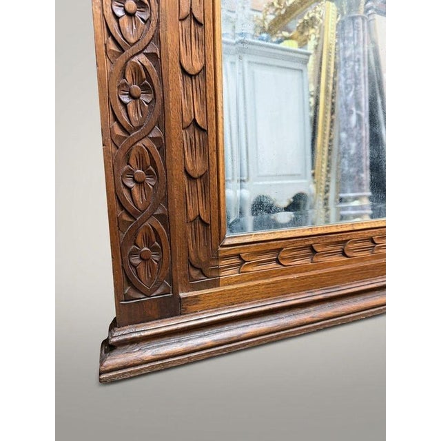 19th Century Belgian Gothic Carved Oak Beveled Mirror For Sale - Image 3 of 5