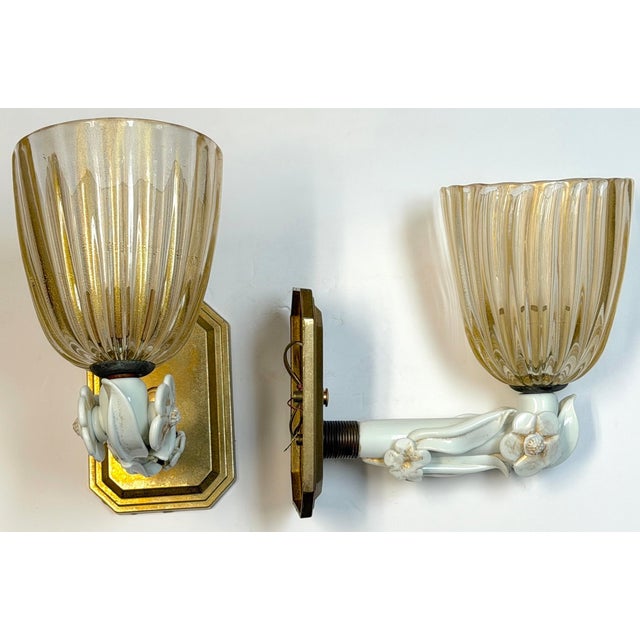 Modern Pair Extraordinary Italian Barovier & Toso Murano Glass Floral Sconces, 1940s For Sale - Image 3 of 18
