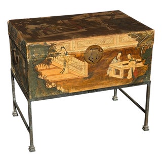 Antique Chinese Polychrome Pigskin Box Chest on Stand For Sale