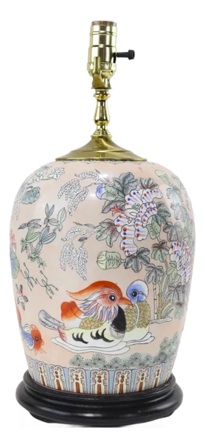 Large Vintage Chinese Porcelain Table Lamp With Mandarin Ducks and Floral Motif