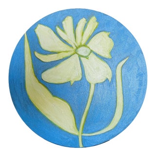 Original Round Flower Painting, Blue Green Yellow Botanical Wall Art, Oil on Circle Canvas by Tatiana Duperault For Sale
