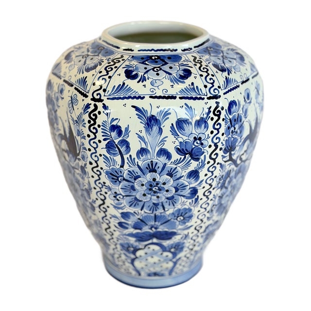 1970s 1970s Large Hand-Painted Delft Blue & White Vase With Bird Motif For Sale - Image 5 of 11