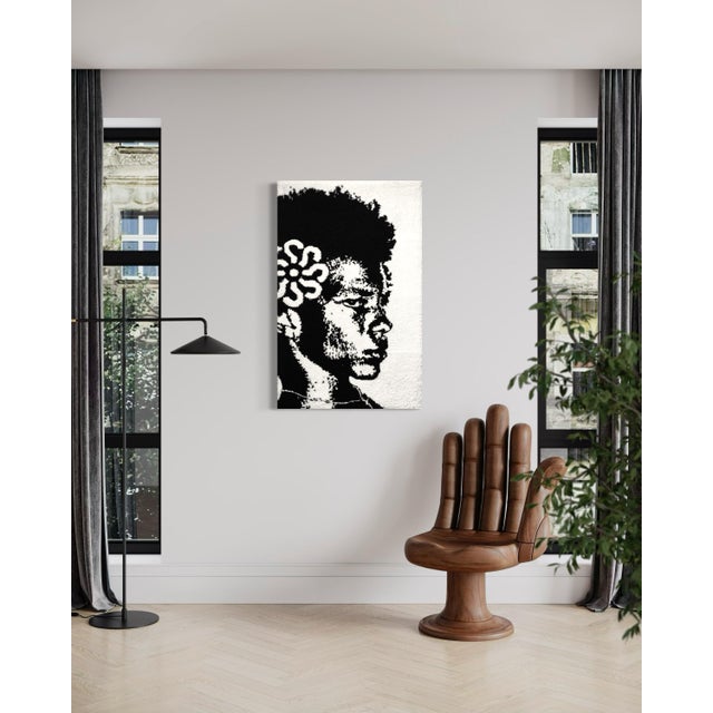 Black Cedric Vu "Lago" Black and White Tufted Yarn Portrait, High Contrast Figure, Floral Motif, Contemporary California Textile Art, Pop Art, 2025 For Sale - Image 8 of 8