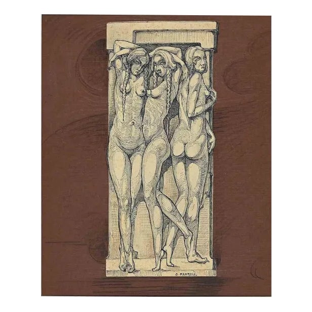 G. Mammoli, Caryatids, Original Drawing, Early 20th-Century For Sale