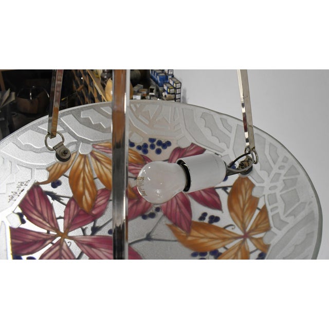 Loys Lucha French Art Deco Pendant Light 1930s - Red Orange Floral Enameled Bowl For Sale - Image 14 of 14