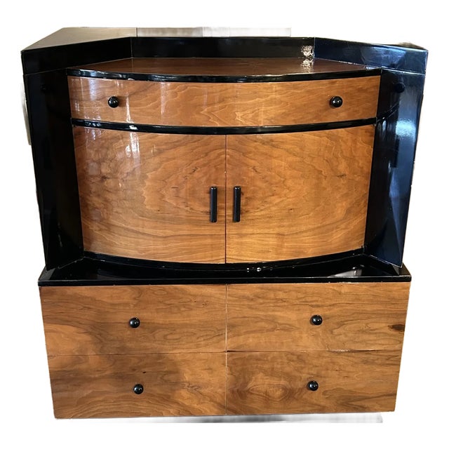 Rare Art Deco Glossy Lacquer Honey Walnut & Ebonized Wood Commode For Sale
