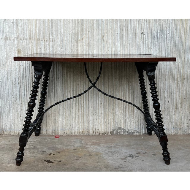 19th Century Baroque Spanish Side Table With Marquetry Top and Iron Stretcher For Sale - Image 4 of 13