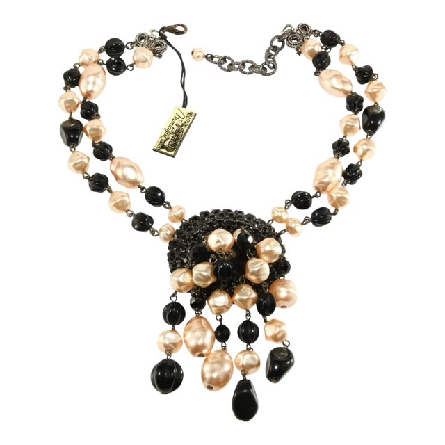 Francoise Montague "Panache" Rhinestones Faux Pearls Black Beads Necklace For Sale