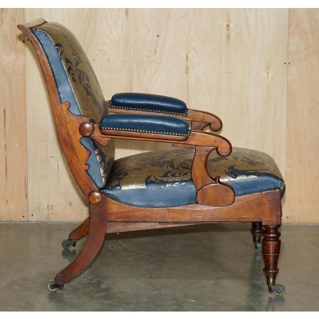 Blue Antique Napoleonic Hardwood and Blue Leather Reclining Library Armchair by Robert Daws, 1830s For Sale - Image 8 of 18