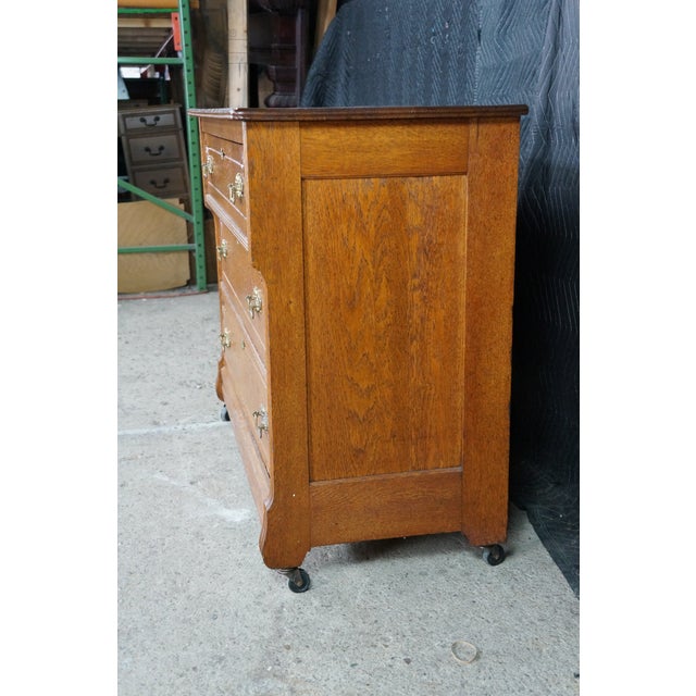 Antique Victorian Eastlake Oak Three Drawer Carved Dresser Chest Casters 43" For Sale - Image 17 of 18