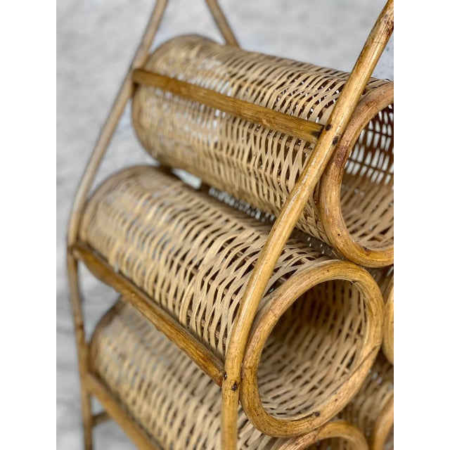 Wood Vintage Boho Coastal Rattan Wicker Sculptural Wine Bottle Rack Holder For Sale - Image 7 of 13