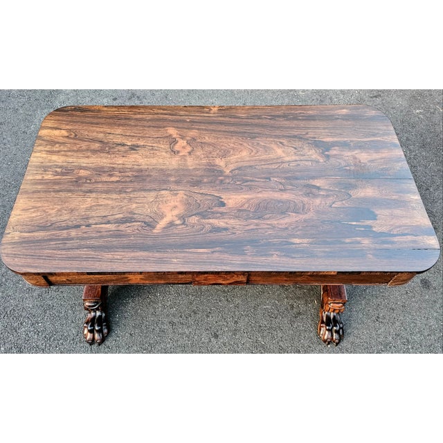 19th Century Antique Rosewood Clawfoot Library Table Converted Into Coffee Table For Sale - Image 5 of 12