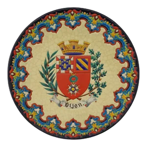 Mid 20th Century French Longwy Majolica Armorial Charger Dijon Coat of Arms Colorful Hanging Plate Limited Edition