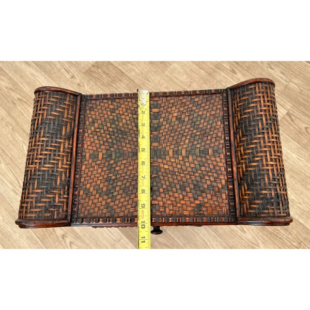 1960s Asian Mid Century Nightstand Cabinet With Drawer Wicker and Bamboo Curved Top For Sale - Image 12 of 13