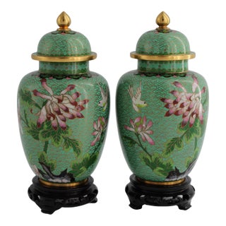 VTG Pair of Chinese Cloisonne Urn Vases in Gorgeous Green For Sale