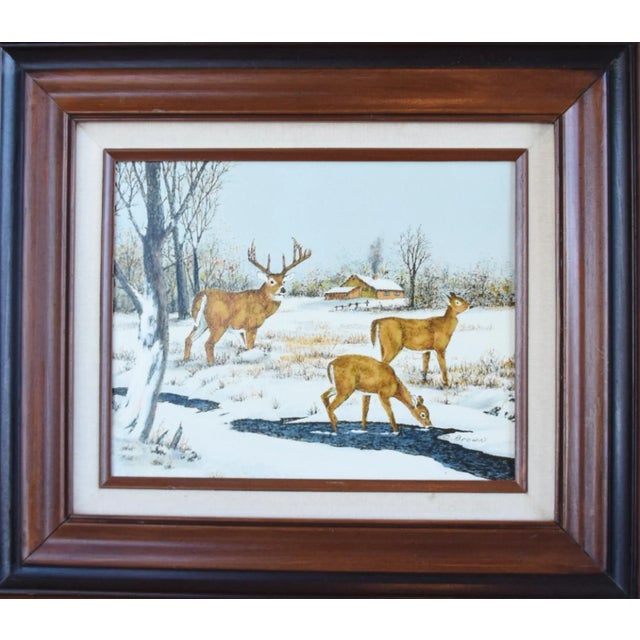 Farmhouse Artist Signed Stag and Doe Deer's in Snowy Landscape Painting W/ Frame For Sale - Image 3 of 9