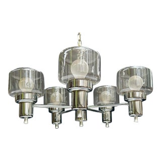 1970s Chrome-and-Glass 5-Light Chandelier Attributed to Gaetano Sciolari for Lightolier For Sale