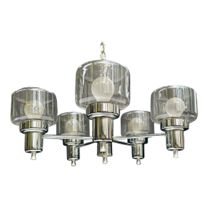 1970s Chrome-and-Glass 5-Light Chandelier Attributed to Gaetano Sciolari for Lightolier