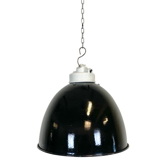 Industrial Black Enamel & Porcelain Ceiling Lamp, 1950s For Sale