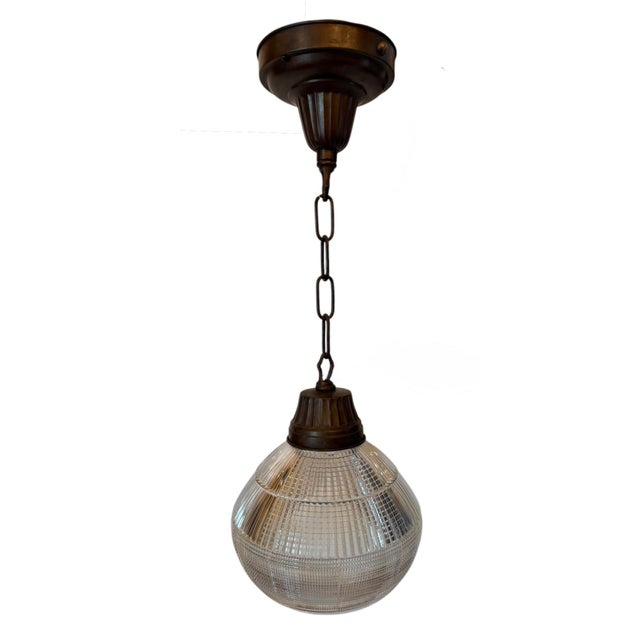 Pair of Prismatic and Ribbed Holophane Glass Pendants Circa 1920’s For Sale - Image 4 of 7