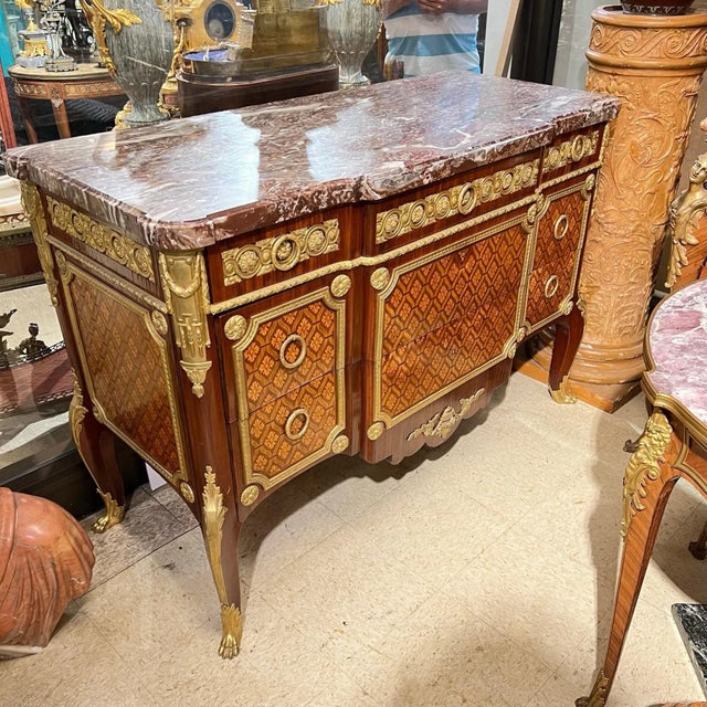 Late 19th Century Magnificent French Louis XVI Style Marquetry Inlaid Marble Top Commode For Sale - Image 5 of 12