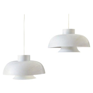 1960s Scandinavian Modern Enameled Metal Mushroom Style Pendant Lamps - a Pair For Sale