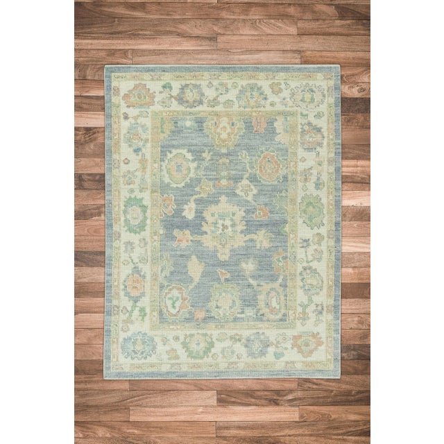 Modern Nobel Ash Gray Field Multicolor Handwoven Turkish Oushak Rug 4'2" X 5'5" For Sale - Image 3 of 6