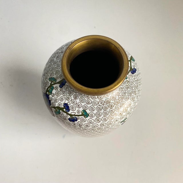 Cloisonné Vase Asian Chinoiserie Style White Cherry Blossom Floral 6" Tall For Sale - Image 10 of 12