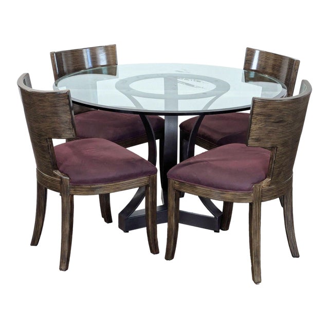 Kreiss Eros Round Glass Dining Set With 4 Wood Chairs For Sale