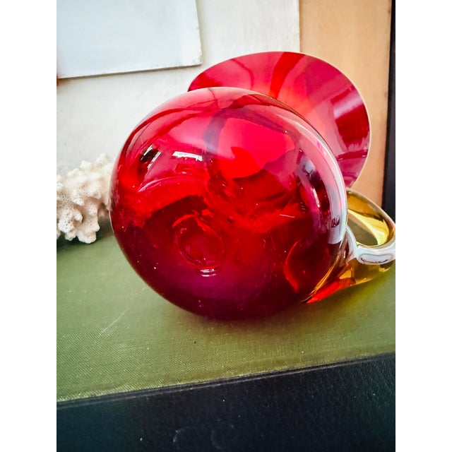 Glass Vintage Art Glass Pitcher Attributed to Blenko Ruby Red With Amber Handle Mid Century Modern For Sale - Image 7 of 9