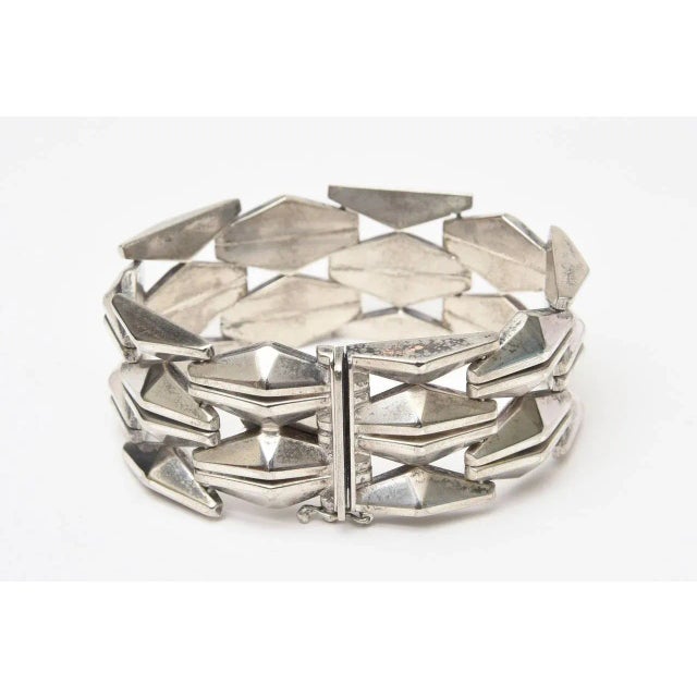Vintage Sterling Silver Geometric Row Link Bracelet 60's
