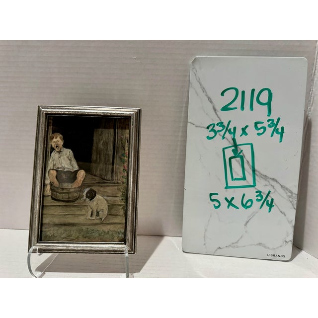 American Antique w.c. Vincent Miniature Watercolor Painting Boy Wash Tub Dog Framed For Sale - Image 3 of 6