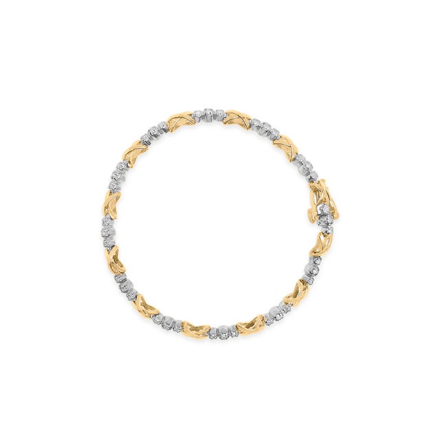 Contemporary 10K Two-Tone Gold 1/2 Cttw Diamond Alternating 3 Stone and X-Link 7" Bracelet (I-J Color, I2-I3 Clar For Sale - Image 3 of 6