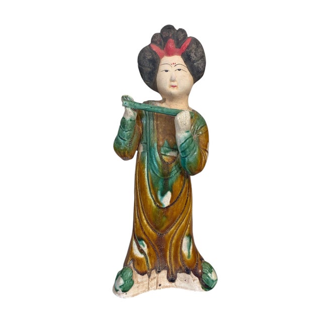 Superb vintage Chinese Ancient Tang Dynasty style standing court Female musician ;Figure playing flute ,hand made of Clay...
