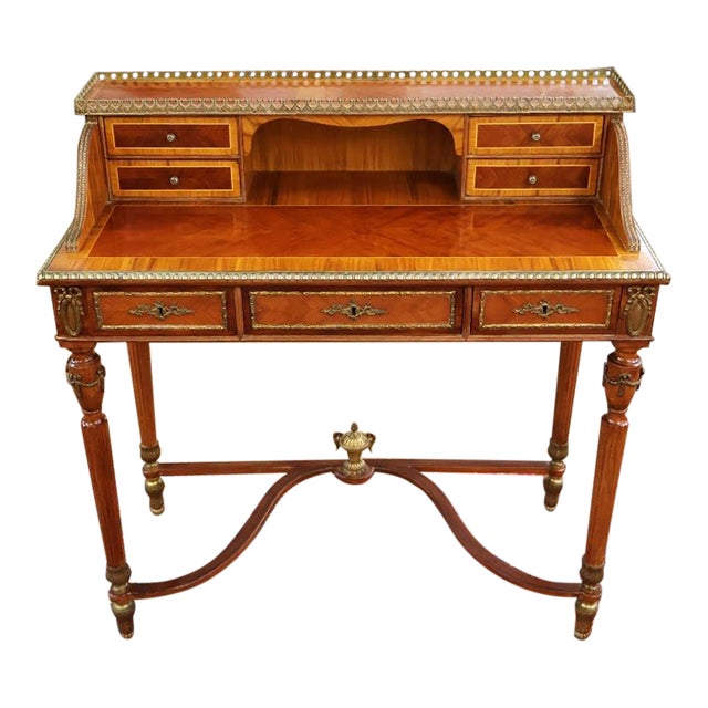 1950s French Louis XVI Inlaid Ormolu Mounted Ladies Writing Desk For Sale