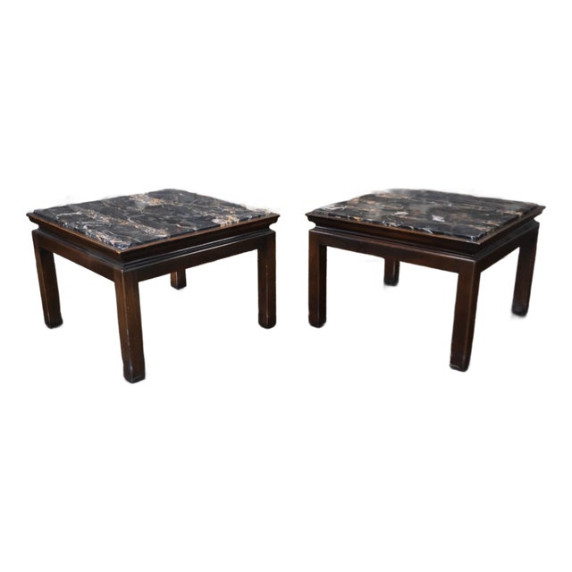 1960s Pair of Square Widdicomb End Tables With Nero Portoro Marble Tops For Sale