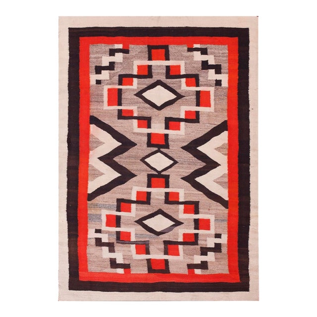 1930s Gray Diamond Antique American Navajo Rug 4' X 5'8" Flat Weave Wool Carpet For Sale