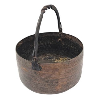Antique Copper & Iron Hearth Cauldron With Twisted Wrought Iron Handle – 19th Century Hand Forged Vessel For Sale