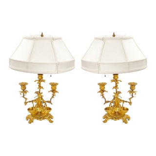 French Pair of Gilt Bronze Louis XVI-Style Three-Light Candelabra Table Lamps For Sale