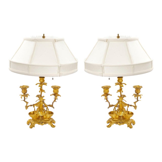 French Pair of Gilt Bronze Louis XVI-Style Three-Light Candelabra Table Lamps For Sale