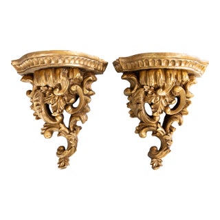 Vintage Rococo Style Italian Gilt Wall Brackets Shelves - A Pair For Sale