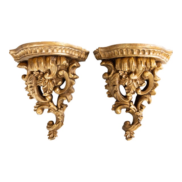 Vintage Rococo Style Italian Gilt Wall Brackets Shelves - A Pair For Sale