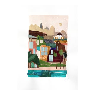 l.a. And the Beach - Original Los Angeles Coastal Cityscape Mixed Media and Collage Painting on Paper by Maria C Bernhardsson For Sale