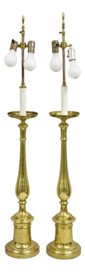 Vintage Hollywood Regency Tall Lacquered Brass Candlestick Table Lamps - A Pair