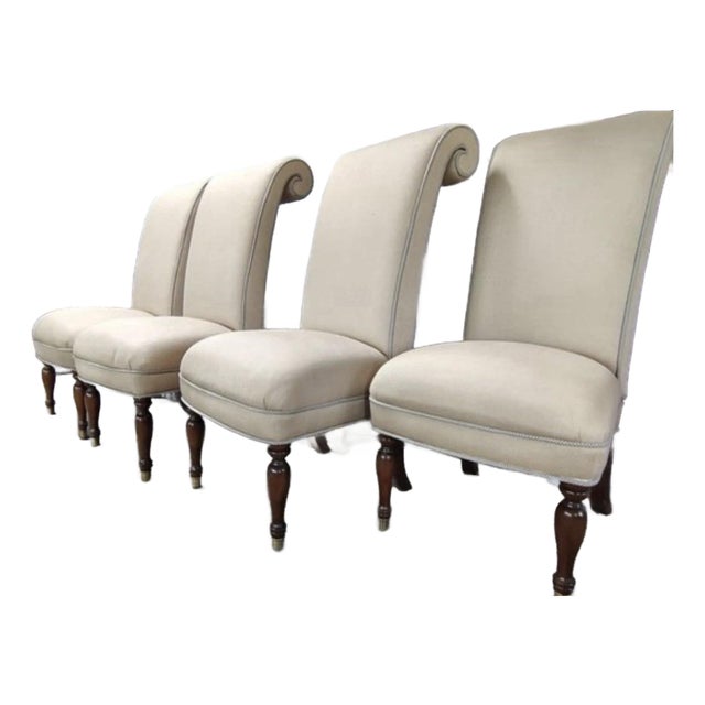Late 20th Century Set of 4 Custom Upholstered Scroll-Back Dining Chairs With Nailhead Trim For Sale