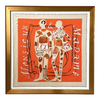 Hermes Monsieur Et Madame Leopard Framed Vintage Silk Scarf 32" For Sale