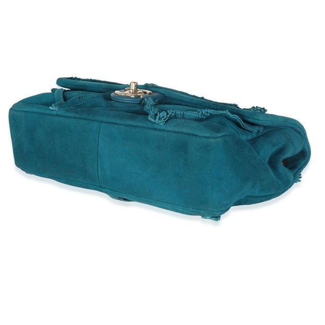Teal Suede Goatskin Diamond Fringe Medium Flap Bag For Sale In New York - Image 6 of 8