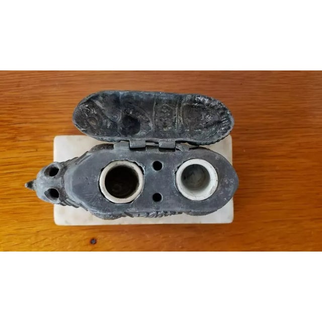 Metal Late 19th Century French Chinoiserie Style Rhinoceros Spelter Double Inkwell on Marble Base For Sale - Image 7 of 7