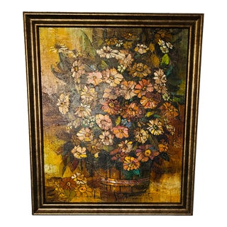 1960s Midcentury Signed Pallet Knife Oil Painting Still Life of Flowers, Framed For Sale
