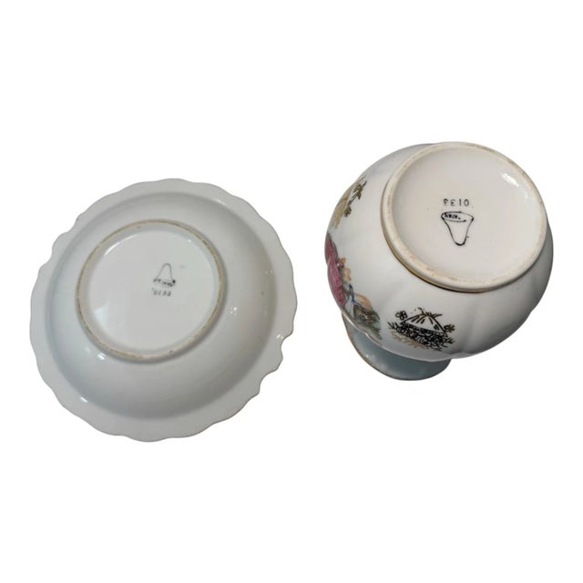 Vintage Japan Creamer and Saucer Courting Couple Victorian Scene Gold Gilt For Sale - Image 10 of 13